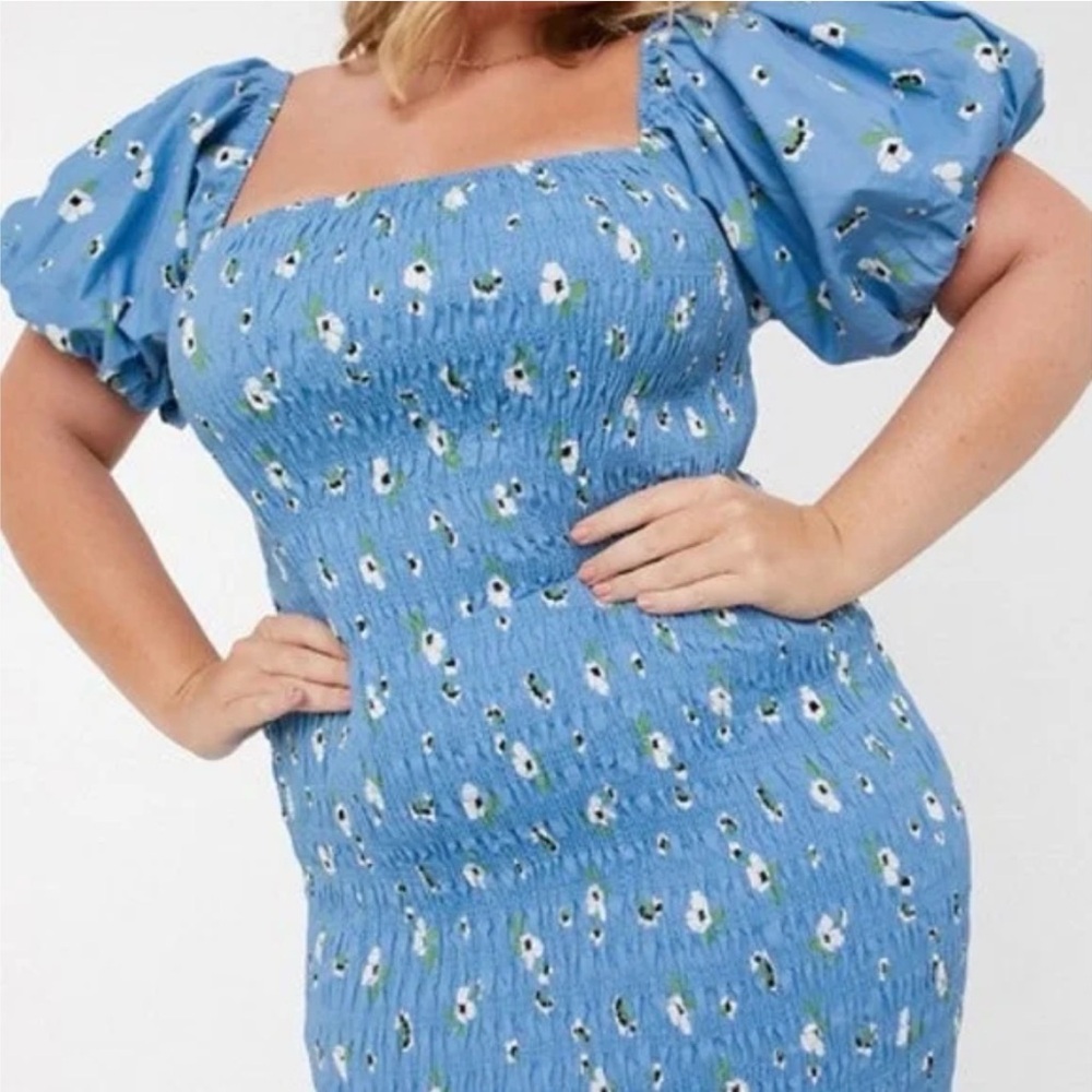 Never Fully Dressed Plus Size 20 Jojo Midi Dress Blue Floral Smocked Stretch NWT
